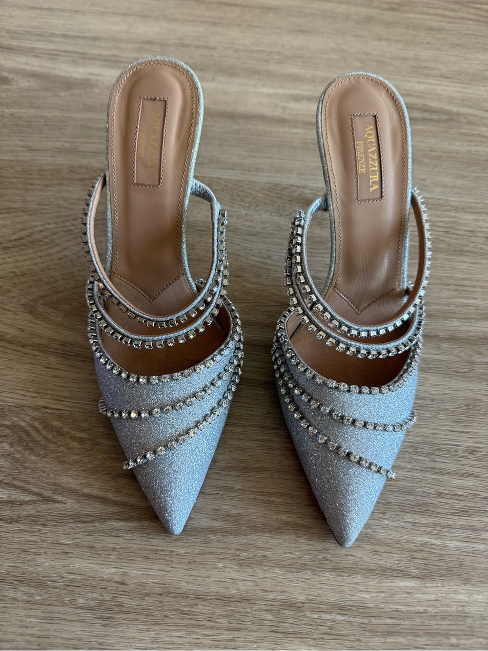 NWT Aquazzura Silver Crystal-Strap Pointed Mules